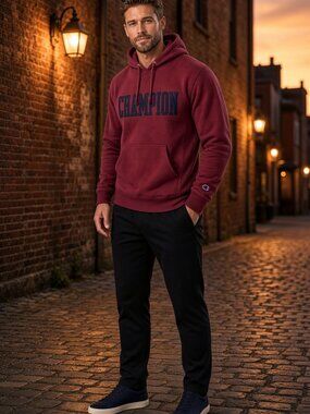 Champion Men Red Reverse Weave Navy Block CHAMPION Fleece Pullover Hood US XS